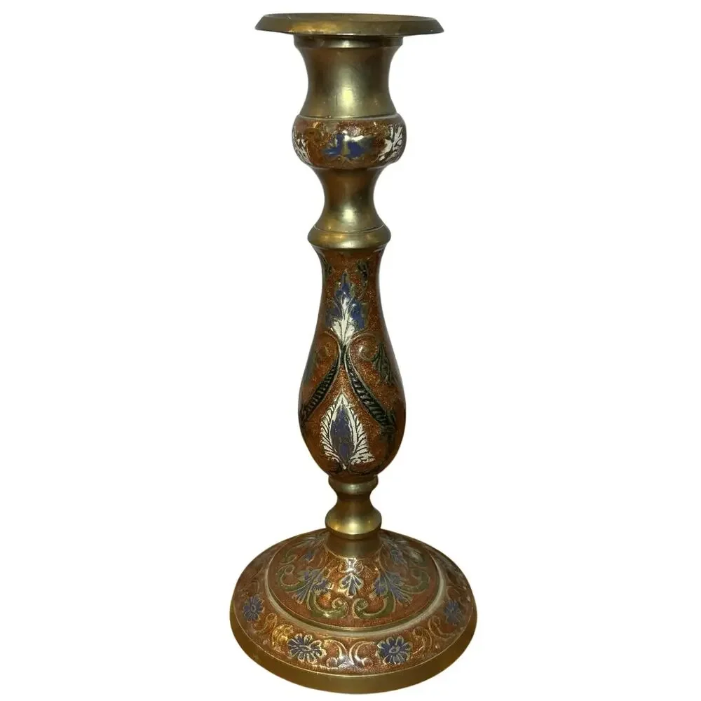 Vintage 70s Brass and Enamel Candle Holder
